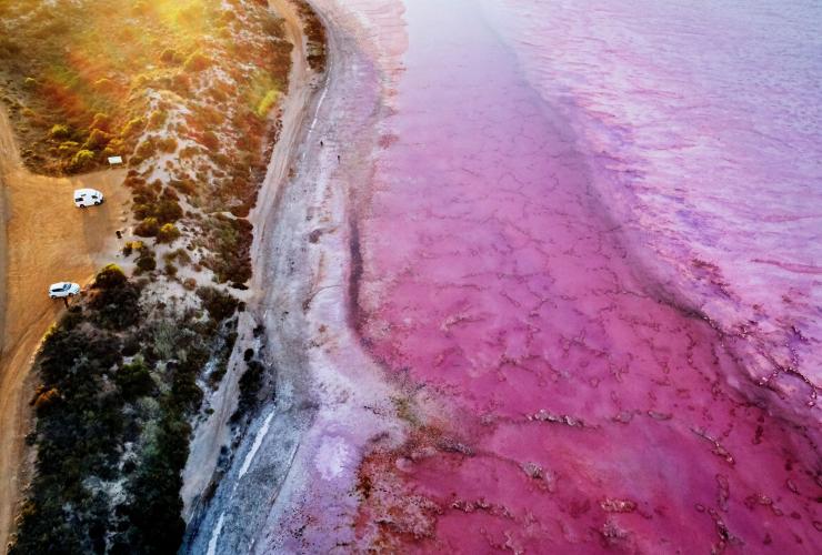 西澳大利亚州，卡尔巴里，露营车停在一座小山上，旁边是植被环绕的粉红色湖泊 —— 赫特潟湖 © 西澳大利亚州旅游局版权所有