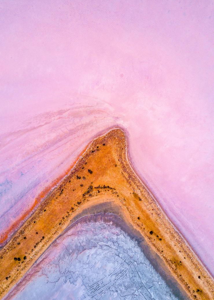 南澳大利亚州，嘉利谷，澎湃湖粉红色湖水中的沙角鸟瞰图 © Isaac Forman/Serio 版权所有