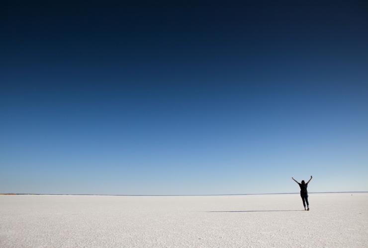 南澳大利亚州内陆，雄鹿湖，一个人举起双臂站在浅粉色的盐床上 © FROSAT &amp; Singing Bowl Media 版权所有